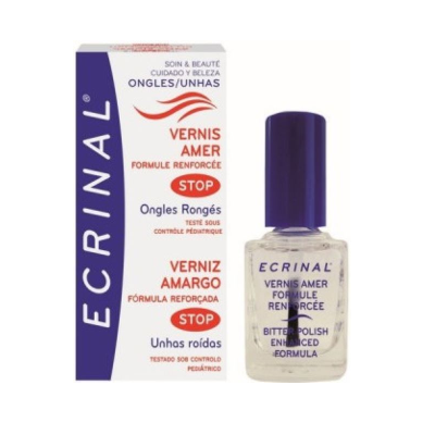 Verniz amargo ECRINAL para unhas em embalagem branca e frasco com tampa azul