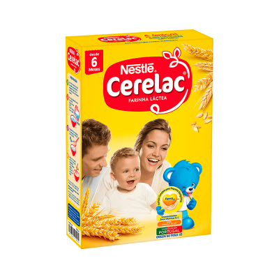 Pacote amarelo de farinha láctea Nestlé Cerelac com família e urso azul