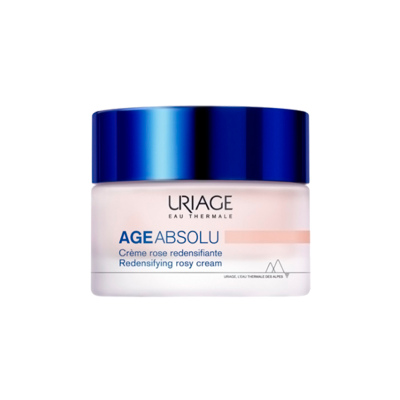 Frasco de creme Uriage Age Absolu com tampa azul e frasco branco