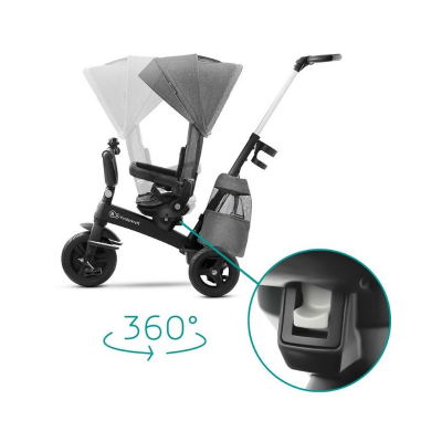 Carrinho de bebé cinzento com estrutura preta e roda dianteira grande