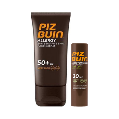 Creme facial e batom Piz Buin castanhos com texto laranja e branco