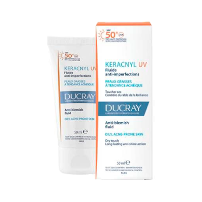 Fluido anti-imperfeições Keracnyl UV Ducray 50 ml com proteção solar, embalagem branca e azul