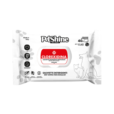Pacote branco de toalhitas húmidas PetShine para cães e gatos com tampa vermelha e texto Clorexidina.