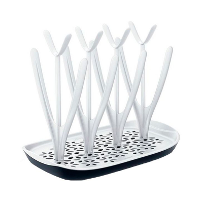 Recipiente branco e preto para secar biberões com hastes verticais em forma de Y