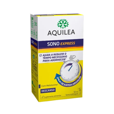 Embalagem do suplemento AQUILEA SONO EXPRESS em amarelo e branco com texto informativo e cronómetro