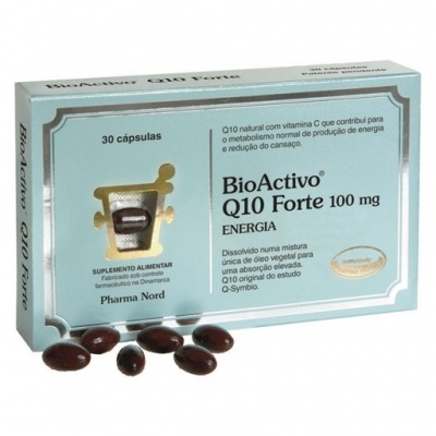 Caixa de suplemento alimentar BioActivo Q10 Forte 100 mg com cápsulas castanho-escuro