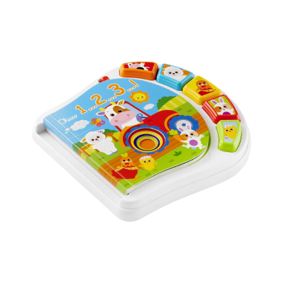 Livro educativo infantil com capa azul e botões coloridos para interagir