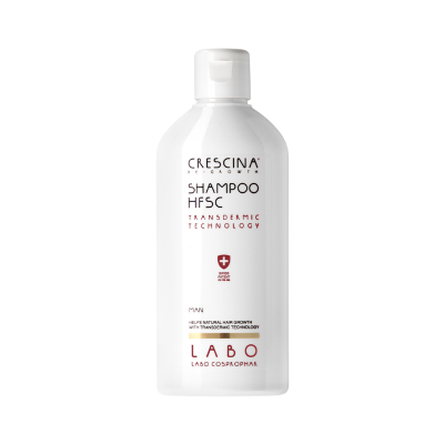 Frasco branco de shampoo Crescina com texto preto e vermelho