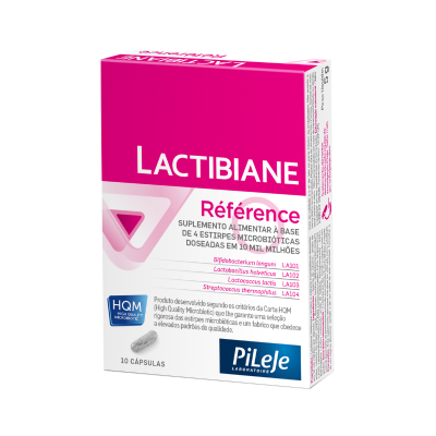 Embalagem rosa e branca do suplemento Lactibiane Référence com 10 cápsulas.