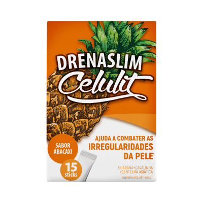 Embalagem de suplemento Drenaslim Celulit sabor abacaxi com 15 sticks e texto sobre combater irregularidades da pele.