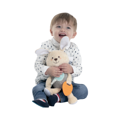 Criança com peluche coelho bege e cenoura de pano