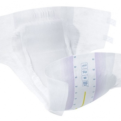 Fralda branca para adulto com tiras adesivas e marcações roxas e amarelas