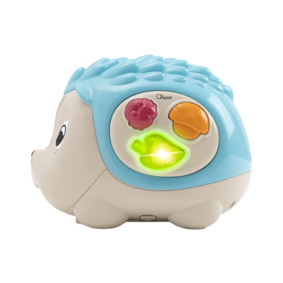 Brinquedo de criança em forma de ouriço azul e bege com botões coloridos e um a brilhar