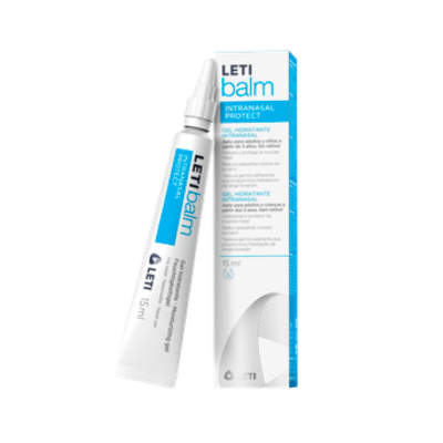 Gel hidratante intranasal LETI balm embalagem branca e azul com texto