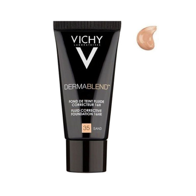 Tubo de base corretora Vichy Dermablend cor 35 Sand com amostra da base ao lado.