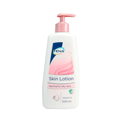 Frasco branco com doseador rosa de loção TENA para pele normal a seca