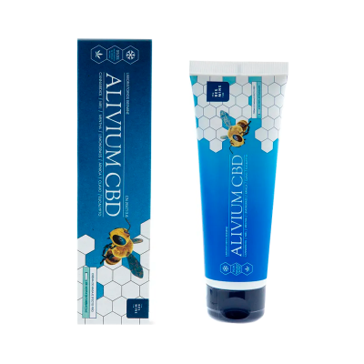 Embalagem e tubo azul do creme ALIVIUM CBD com padrão hexagonal branco e imagem de abelha