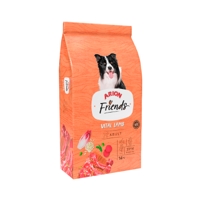 embalagem laranja de ração para cães Arion Friends Vital Lamb com cão e carne de cordeiro