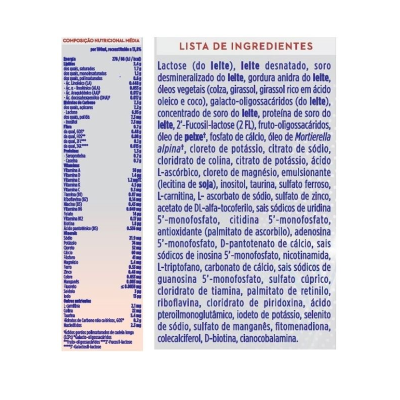 Etiqueta de composição nutricional e lista de ingredientes de produto alimentar em português