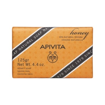 Embala de sabonete Apivita natural cor laranja com texto em preto
