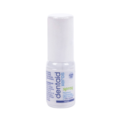 Frasco branco de spray Dentalid Xeros com etiqueta azul e verde