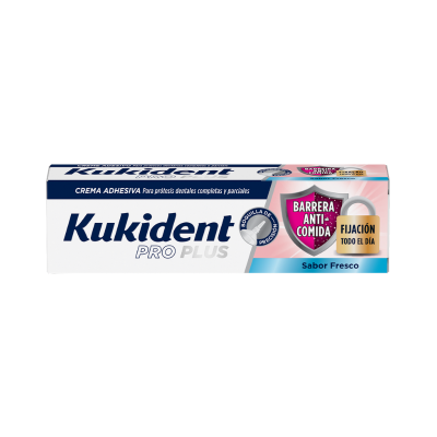 Creme adesivo Kukident Pro Plus para próteses dentárias em embalamento branco azul rosa