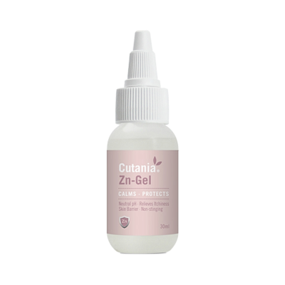 Frasco de gel Cutania Zn-Gel com rótulo rosa