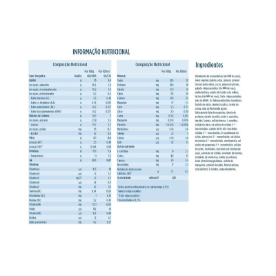Tabela nutricional e ingredientes em português de produto alimentar