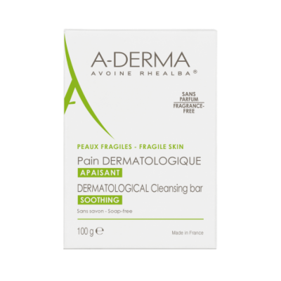 Embalagem branca da barra de limpeza dermatológica A-DERMA Pain Dermatologique para pele frágil