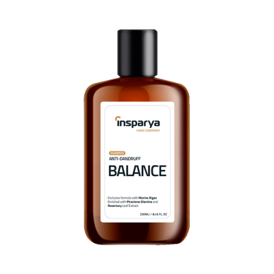 Frasco de champô anti-caspa BALANCE em plástico castanho com tampa preta