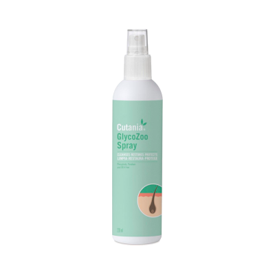 Frasco branco com spray Cutania GlycoZoo, etiqueta verde água e texto, capacidade 236 ml