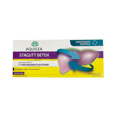 Embalagem de suplemento alimentar Aquilea Stagutt Detox para fígado com cores branco, roxo, amarelo e azul.