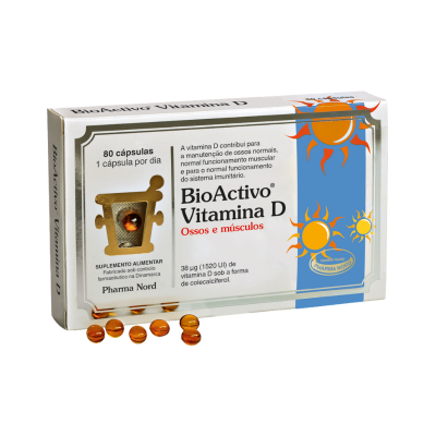 Embalagem de BioActivo Vitamina D com cápsulas amarelas translúcidas