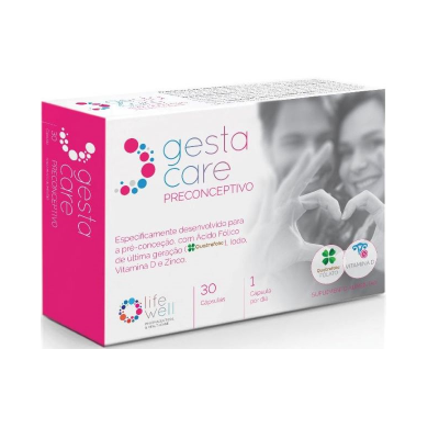 Embalagem branca e rosa de suplemento gestacare preconcepcivo com imagem de casal e texto descritivo