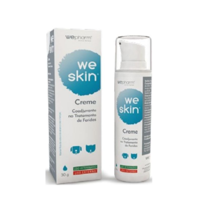 Frasco e caixa do creme 'we skin' para tratamento de feridas