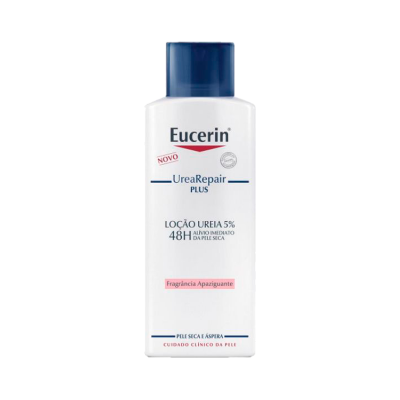 Frasco de loção Eucerin UreaRepair branco com tampa azul e texto em português