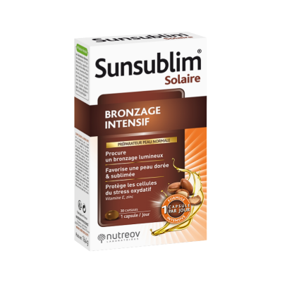 Embalagem de cápsulas Sunsublim Solaire para bronzeamento intensivo com texto em francês