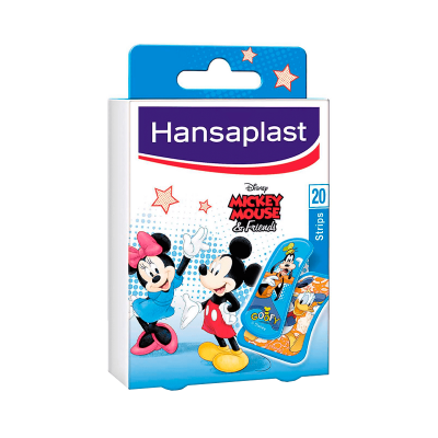 Embalagem branca e azul de curativos Hansaplast com personagens Disney Mickey Mouse, Minnie e Pateta.