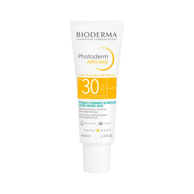 Fluído solar Bioderma Photoderm AKN Mat SPF 30 embalagem branca e amarela