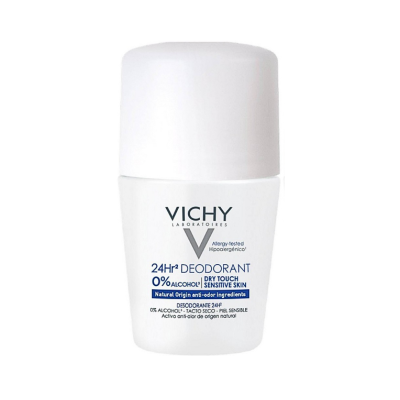 Frasco branco de desodorizante Vichy com texto em azul e cinza