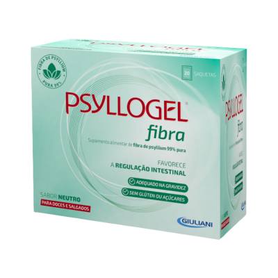 Embalagem do suplemento alimentar Psyllogel fibra, 20 saquetas, sabor neutro, destaca benefícios e composição