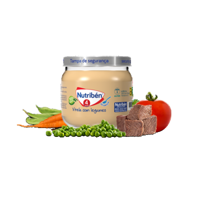 Frasco de Nutriben 4 com legumes, rodeado de vegetais frescos e carne.