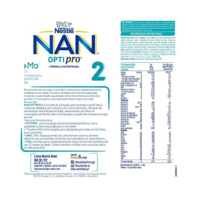 Rótulo do leite em pó NAN OPTIPRO 2 da Nestlé com informações nutricionais, ingredientes e contactos.