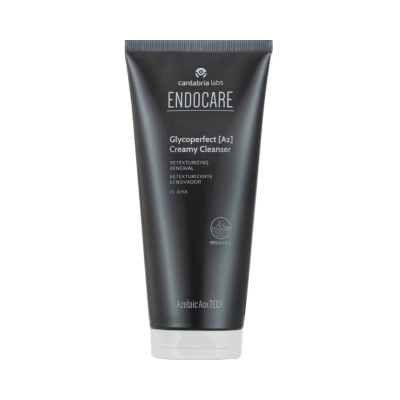 Frasco preto e branco de produto de limpeza cremosa Endocare Glycoperfect.