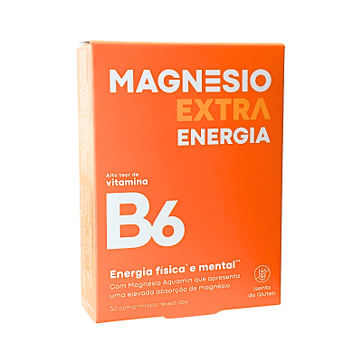 Embalagem laranja de Magnésio Extra Energia com vitamina B6 para energia física e mental.