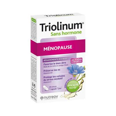 Embalagem de cápsulas Triolinum Sans hormone menopausa com texto em francês e imagem de flor azul