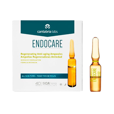 Ampolas regeneradoras antienvelhecimento Endocare em embalagem branca com ampola amarela