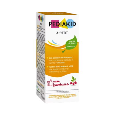 Caixa de suplemento líquido PEDIAKID A-PETIT com sabor framboesa e extratos naturais