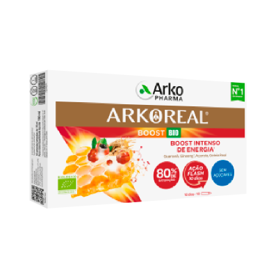 Embalagem de suplemento ArkoReal Boost Bio com favo de mel e frutos, texto sobre energia e ingredientes