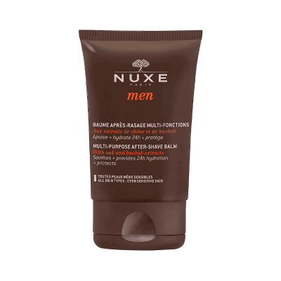 Bálsamo pós-barba NUXE Men em tubo castanho com texto branco e laranja